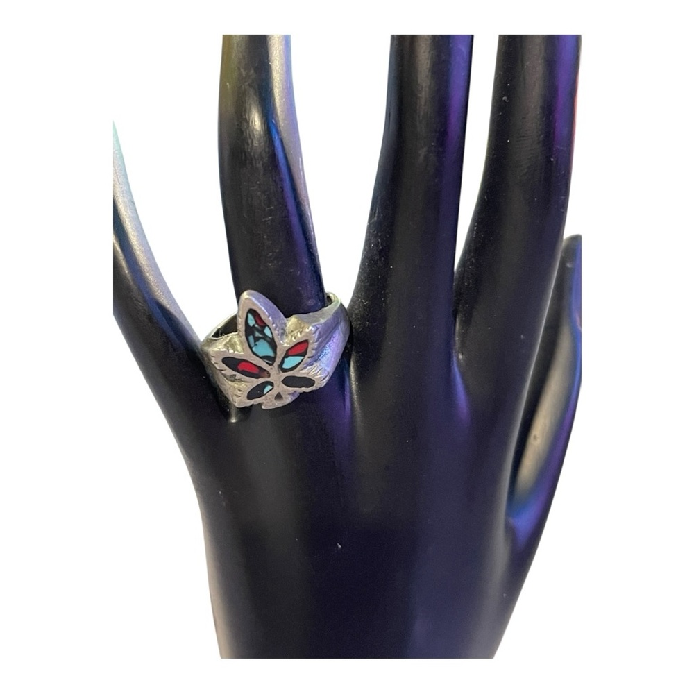 Vintage Cannabis Leaf Inlay Ring Adjustable Silver Tone Boho Statement Ring
